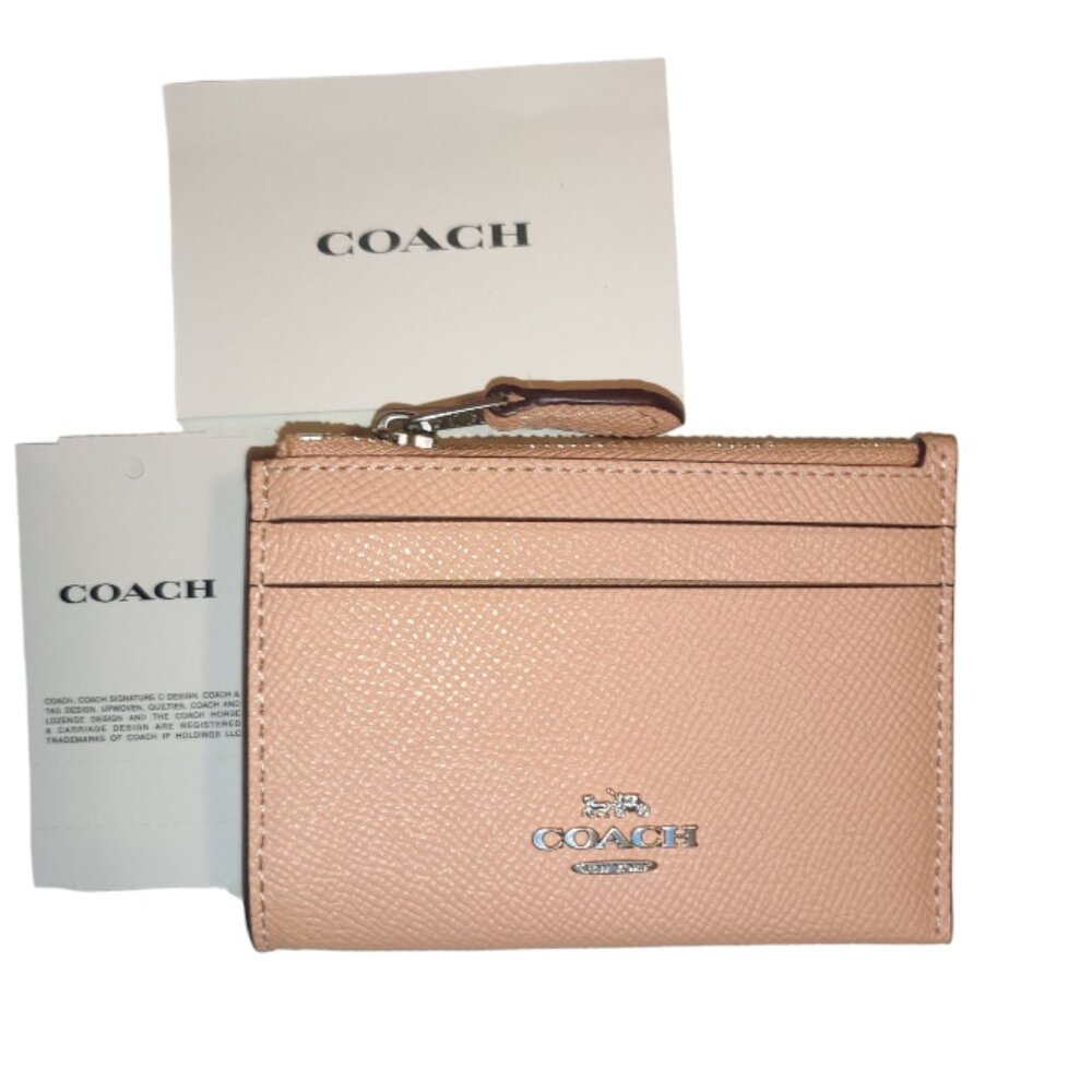 Coach Mini Skinny ID Coin Zip Wallet Keychain Blush Pink Silver